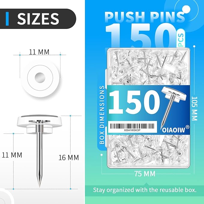 150 PCS Clear Push Pins Tacks Count in Reusable Box for Bulletin Boards and Wall Displays Heavy Duty Plastic Head