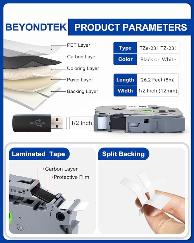 8Pk Replace for Brother Label Maker Tape 12mm 0.47 White Work with Brother P Touch Label Tape TZ TZe 1/2" Black on White TZe-231 for P-Touch PT-H103w H110 D210 D220 D400 1180 1280 1890 2040,8m 26.2ft