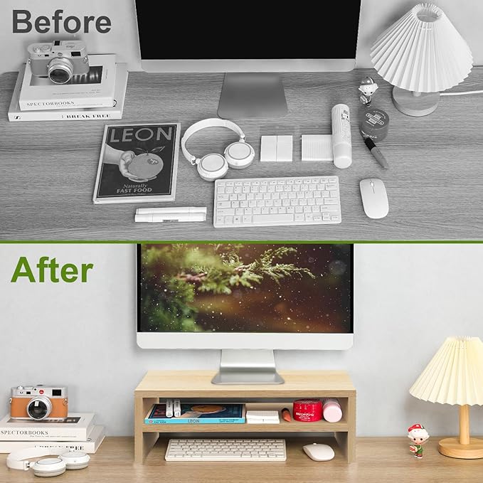 TEAMIX 2 Tiers Desktop Monitor Stand Riser 20 Inch Printer Stand with Storage Small TV Riser Laptop Wooden Desk Organizer Shelf Bookshelf Maple (Natural Maple, 2 tiers)