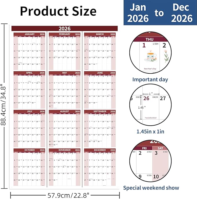 2026 Wall Calendar 34.8" x 22.8" Large Vertical Yearly Wall Hanging Calenda with Julian Date Thick Paper Calendar 12 Month Annual Wall Planner for Wall Office Fridge(Red)