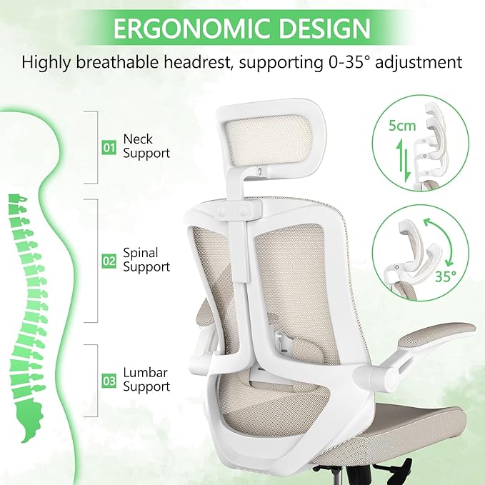 Desk Office Chair, Ergonomic High Back Comfy Computer Chairs with Wheels, Swivel Gaming Home Mesh Chair Comfortable Lumbar Support, Comfy Arms for Study, Home,Bedroom（Khaki）