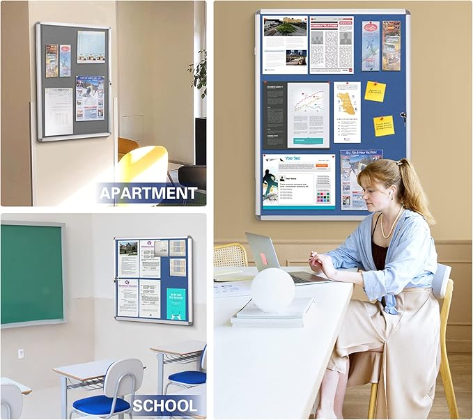 SWANCROWN Enclosed Noticeboard Grey Frabric Bulletin Boards Lockable Display Case Tamperproof with Keys Pins,38x14inch