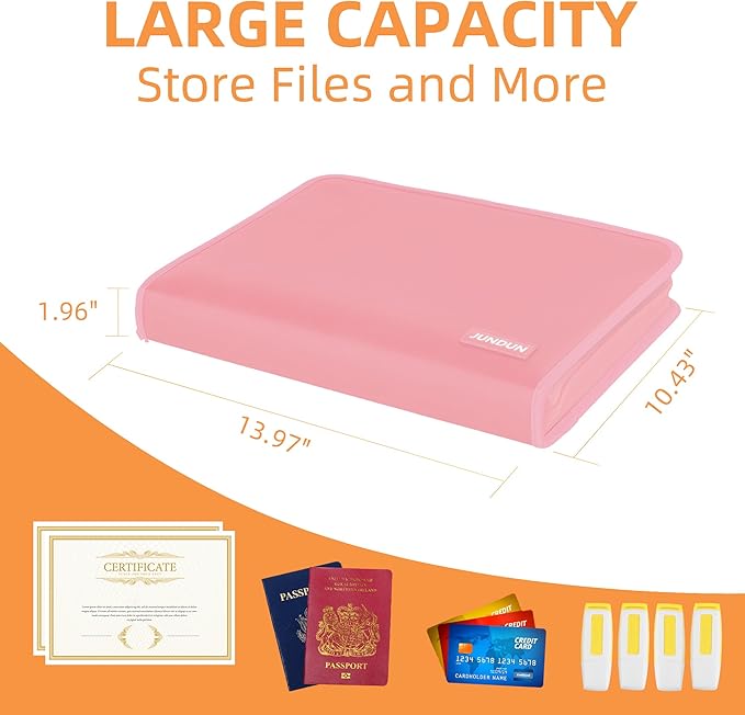 JUNDUN Accordion File Organizer - 12 Pocket Expanding File Folder with Zipper & Labels - Fireproof File Folder Organizer with Multi-Pockets,Document Organizer for Letter A4 Files and More (Pink)