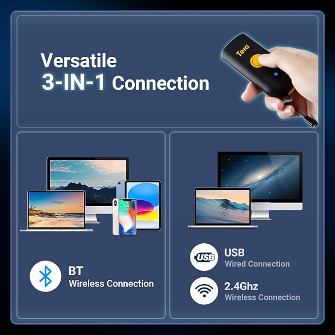 Tera Mini 1D Barcode Scanner: Pocket Waterproof Wireless Laser Scanner 3 in 1 Compatible with Bluetooth USB Wired Portable Bar Code Reader for Logistics Work with iOS Windows Android 1100L Yellow