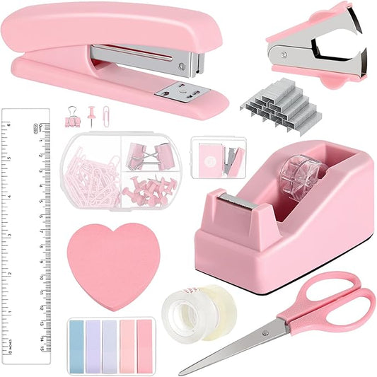 Office Desk Accessories, Pink Office Supplies Set Desk Accessories for Women, Cute Office Supplies with Stapler, Mini Stapler, Staple Remover, Tape, Clips, Scissor and Tabs, Stationary Set for Student