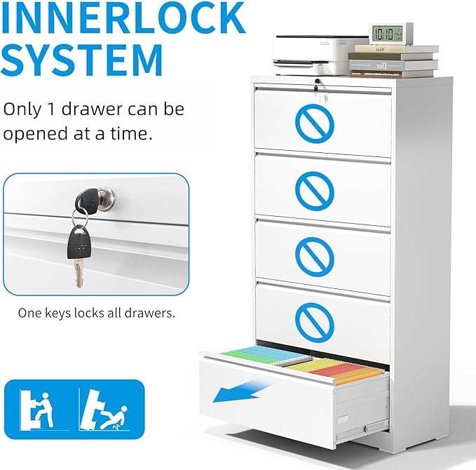5 Drawer Lateral File Cabinet with Lock, Metal Lateral Filing Cabinet for Home Office, Steel Wide Horizontal Filing Cabinets for Letter/Legal/A4/F4 Hanging Files (White)