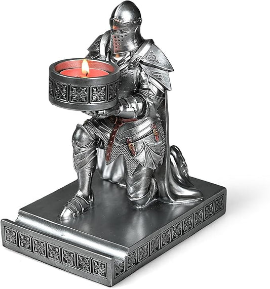 King's Guard Kneeling Knight Candlestick Holders Resin Posture TeaLight Holder Warrior Mobile Phone Stand Pen Holder Candle Holder for Restaurant, Altar, Home Table(Silver)