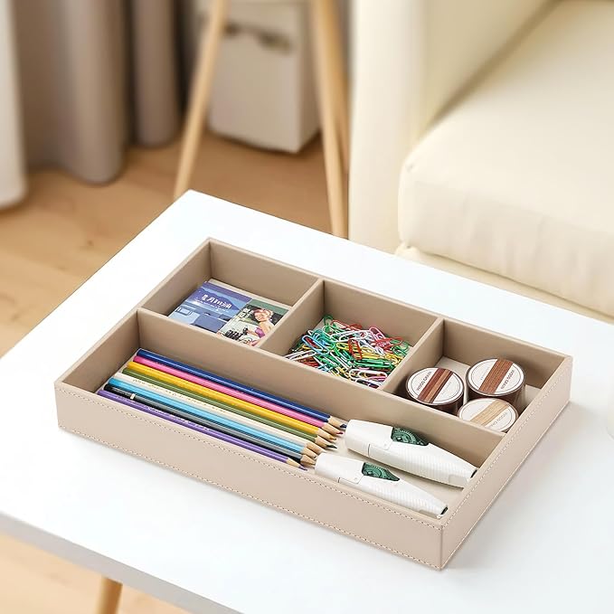 KINGFOM 4-Slot Leather Drawer Tray Desk Stationery Sundries Organizer Storage Box Pen Pencil Holder Case Container (Dark Beige)