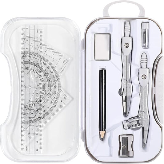 Math Geometry Sets 10 Piece Student Supplies with Shatterproof Storage Box,Includes Rulers,Protractor,Compass,Eraser,Pencil Sharpener,Lead Refills,Pencil,for Drafting and Drawings（Grey）