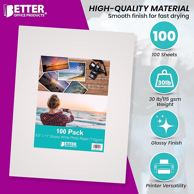 Better Office Products Thin Glossy Photo Paper, 100 Sheets, 8.5 x 11", 30 lb, 115gsm, Inkjet Photo Paper, for Brochure Printing, Custom Chip Bag Party Favors, Letter Size, 100-Count Pack