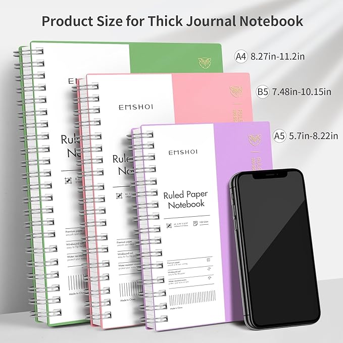 EMSHOI A5 Spiral Notebook College Ruled Lined Journal, Small 5.7" X 8.22", 300 Pages/150 Sheets, 100gsm Thick Paper, Waterproof Hardcover, for Office School Women Men Work Writing Notes-Pink
