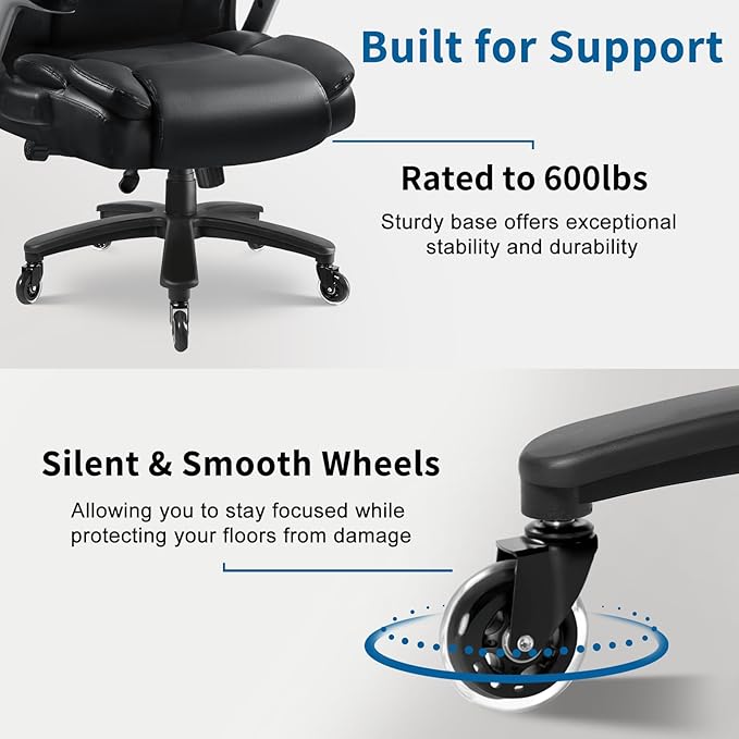 Big and Tall Office Chair 600LBS, Heavy Duty Office Chair for Heavy People, High Back Executive Office Leather Chair with Adjustable Armrests and Lumbar Support, Black Ergonomic Big Tall Chair