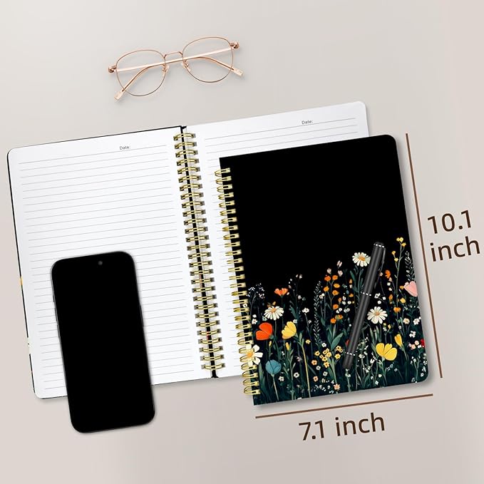 Cute Spiral Notebook journal B5 Aesthetic Pretty Design for Women Girls Kawaii with Pocket, 10 x 7.2 inch, Lined, Black Flower