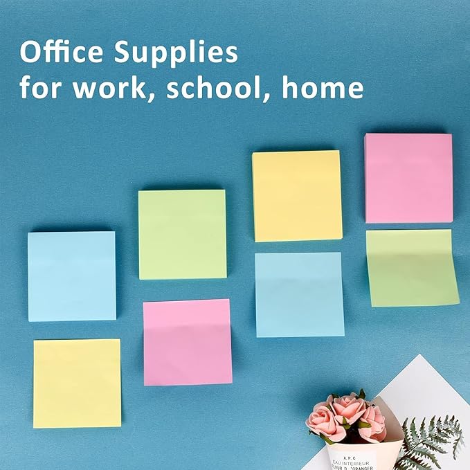 HappyHapi Sticky Notes 3x3 Inches Bulk 28 Pack 2800 Sheets Colored Self-Stick Pads, 100 Sheets/Pad, 4 Bright Colors (Yellow, Green, Pink, Blue) for Office Supplies, School, Home