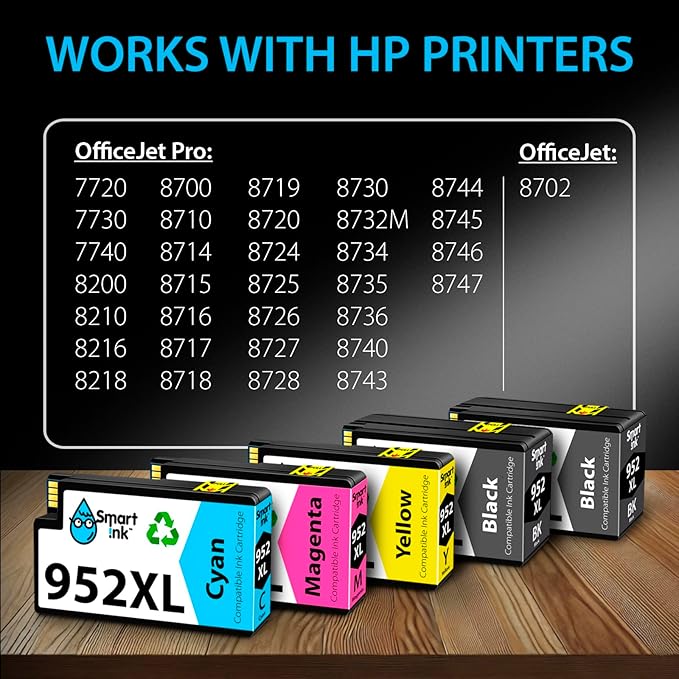 Smart Ink Compatible Ink Cartridges Replacement for HP952XL 952 XL 2 Black and Cyan/Magenta/Yellow (5 Combo Pack) to use with HP OfficeJet Pro 8710 7740 8720 8715 8210 8703 OfficeJet 8702 Printers