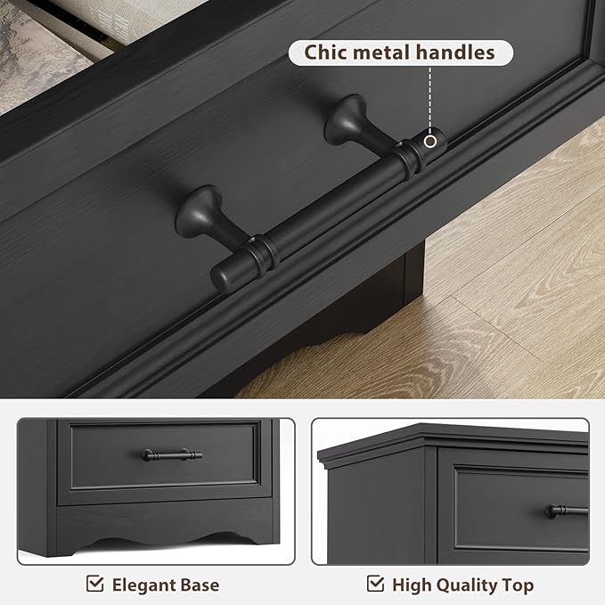 Black Nightstand with Charging Station, 19.7" Farmhouse End Table with 3 Drawers Storage, Bedside Table with Brushed Metal Handles, Unique Base Design, 3 Drawer Dresser for Bedroom, Living Room