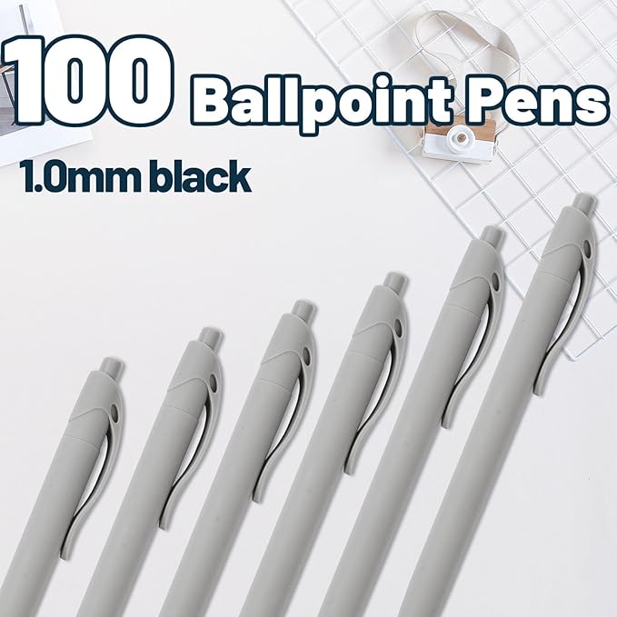 BallPoint Pens, 100 Pack (BLACK Ink),Bulk Pens, Grey Barrel,Click Pens for Office Home and School, Retractable Ballpoint Pens, Medium Point, 1.00MM (Grey)
