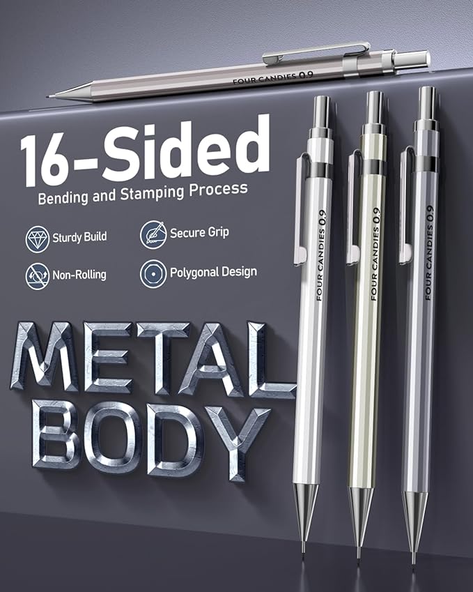 Four Candies 0.9mm Metal Mechanical Pencil Set with Case - 4PCS Fancy Mechanical Pencils, 8 Tubes HB #2 Lead Refills, 3PCS 4B Erasers and 9PCS Eraser Refills, Led Pencils Mechanical for Writing