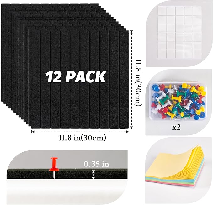 Large Cork Board Alternative, 12 Pack Felt Board with Safe Removable Adhesive Tabs Felt Wall Tiles, Large Cork Boards for Walls, Cork Board for Home Office, Pin Boards for Walls, Stripe Black