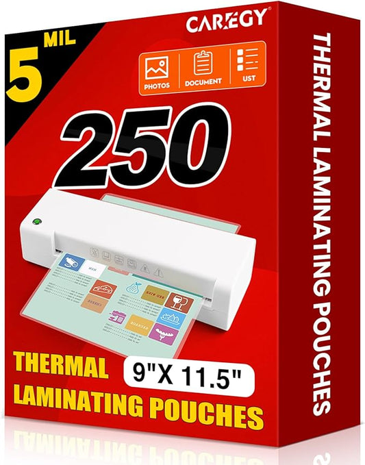 CAREGY Thermal Laminating Pouches,250 Pack Laminating Sheets, 5 Mil, 9 x 11.5 Inches Lamination Sheet Paper for Laminator, Round Corner Letter Size, Office and School Supplies
