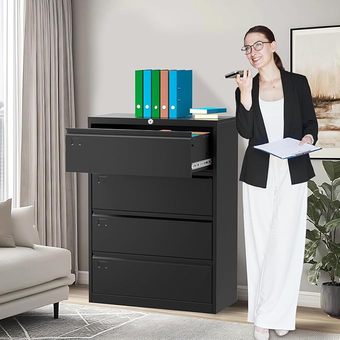 52inch High 4 Drawer Metal Lateral Filing Cabinet - File Cabinets, Lockable Storage, Organizes Hanging Files (Letter/Legal/F4/A4 Size), Requires Assembly