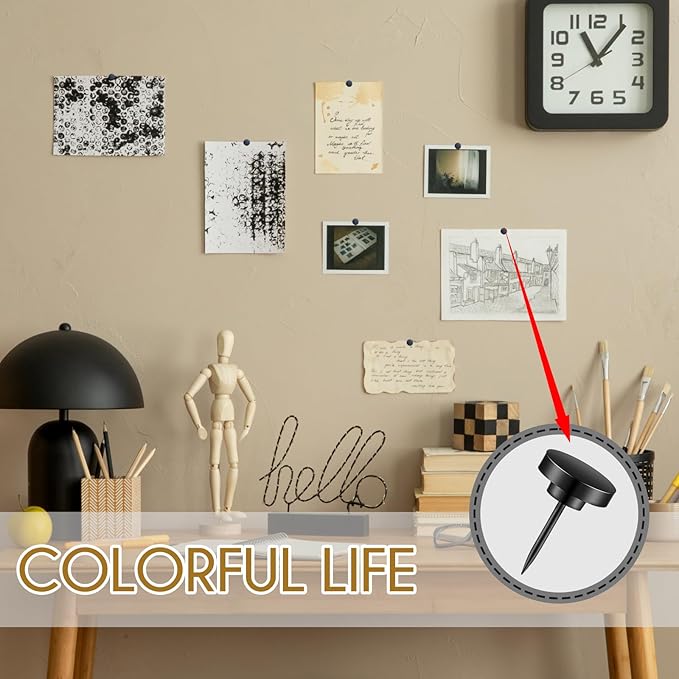 50 PCS Flat Push Pins for Cork Board, Black Metal Thumb Tacks for Wall Picture Photo Hanging, Board Posters Bulletin Maps, Office Home Decorative