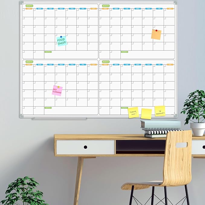 JILoffice Magnetic Dry Erase Calendar Whiteboard, 4 Month White Board Planner 48 X 36 Inch, Silver Aluminum Frame Wall Mounted Board for Office Home and School