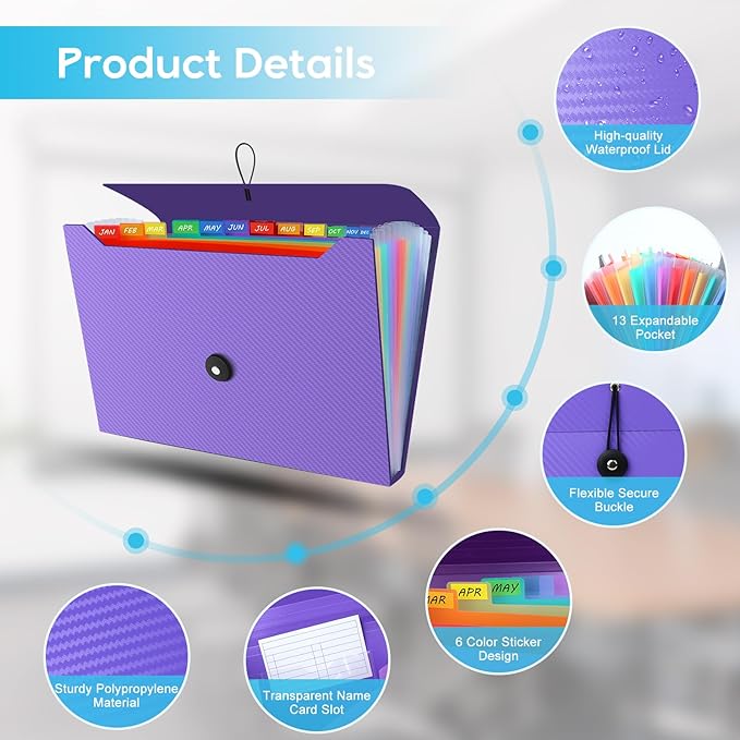 Accordion File Organizer, Expanding File Folder for Sorting Documents and Papers, 13 Pockets File Storage Organizer for Home, Travel and Office Use (Purple)