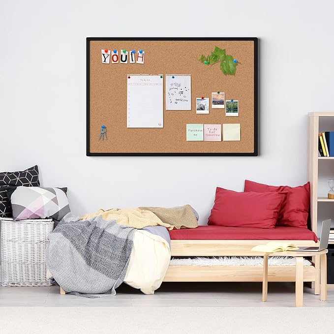 Board2by Cork Board Bulletin Board 20 x 30, Black Aluminium Framed Corkboard, Office Board for Wall Cork, Large Wall Mounted Notice Pin Board with 16 Push Pins for School, Home & Office