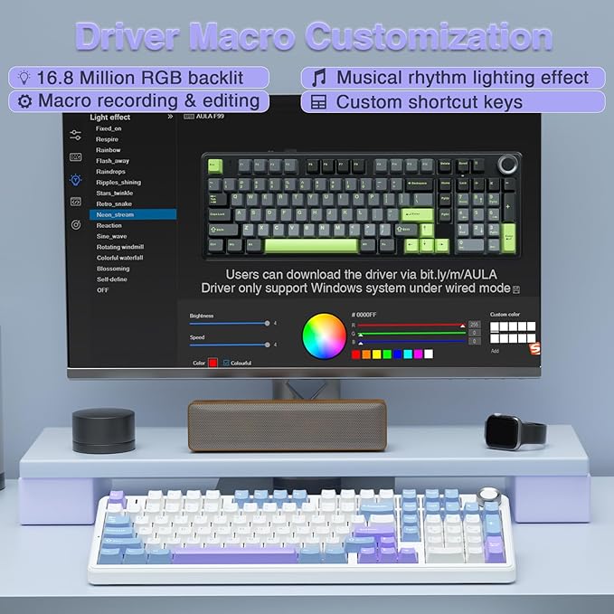 AULA F99 Pro Wireless Mechanical Keyboard with Knob,Tri-Mode BT5.0/USB-C/2.4GHz Hot Swappable Keyboard,Pre-lubed Switches,RGB Backlit Computer Gaming Keyboards (White&Blue&Purple)