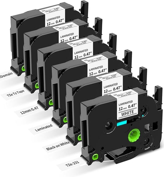 MarkDomain Label Maker Tape Refills Compatible with Brother P-Touch Label Tape 12mm 0.47 Laminated White TZe Tz TZe-231 TZ231 Ptouch PT-D210 PT-H110 PT-D220 PT-1880 1/2" Black Ink on White, 6 Pack