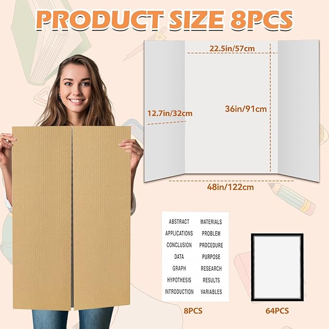 8 Pcs Trifold Display Board 36"x 48" Large White Presentation Board with Board Headers 8 Science Subtitles 64 Black Edge Self Adhesive Paper Poster Board for School Projects and Business Presentations