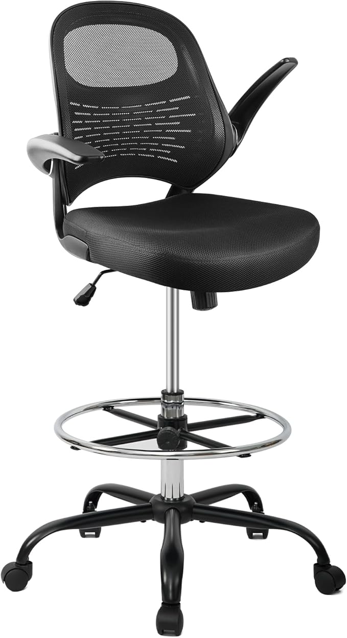 HYLONE Drafting Chair Tall Office Chair with Flip-Up Armrests Ergonomic Computer Chair with Lumbar Support Adjustable Footrest Ring Mesh Standing Desk Chair (Black)