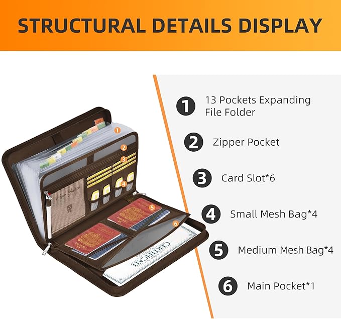 JUNDUN Accordion File Organizer - Fireproof Folder with Zipper & Labels - 12 Pocket Expanding File Folder with Multi-Pockets Paper Folder for Letter A4 Files | Receipt and More (Brown)