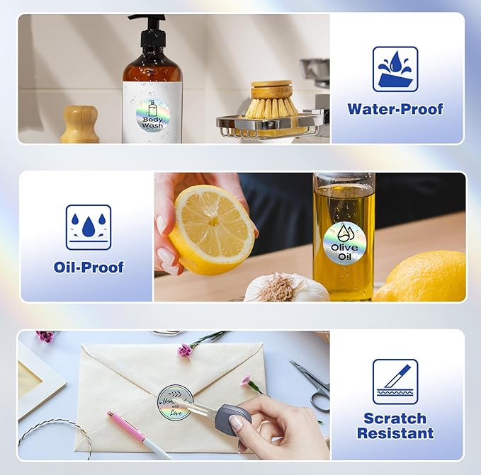 2'' Circle Thermal Labels, Holographic Sliver 400pcs Round Thermal Printer Labels, Multi-Purpose Stickers for Logo Design, Name/Price Tag, Address, QR Code