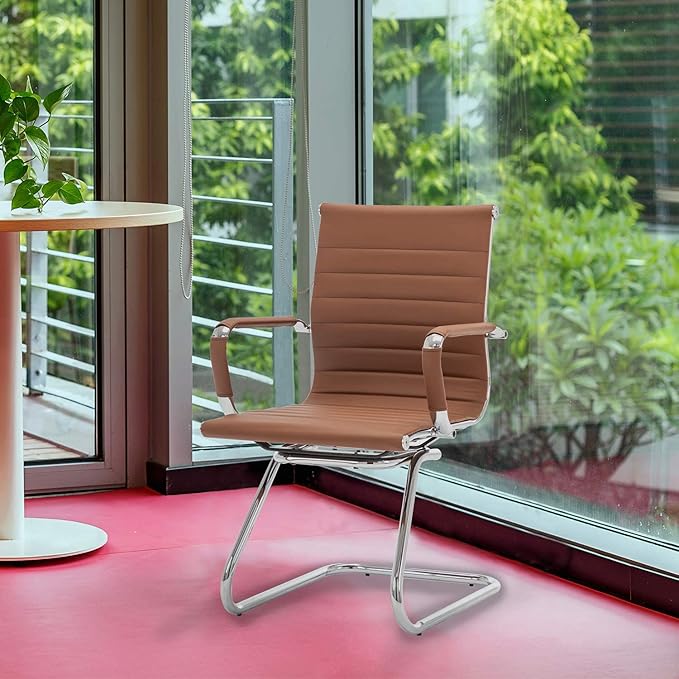 Office Desk Chair No Wheels Set of 4 PU Leather Computer Chairs Mid Back Guest Chairs for School Reception Conference Waiting Room, Cafe