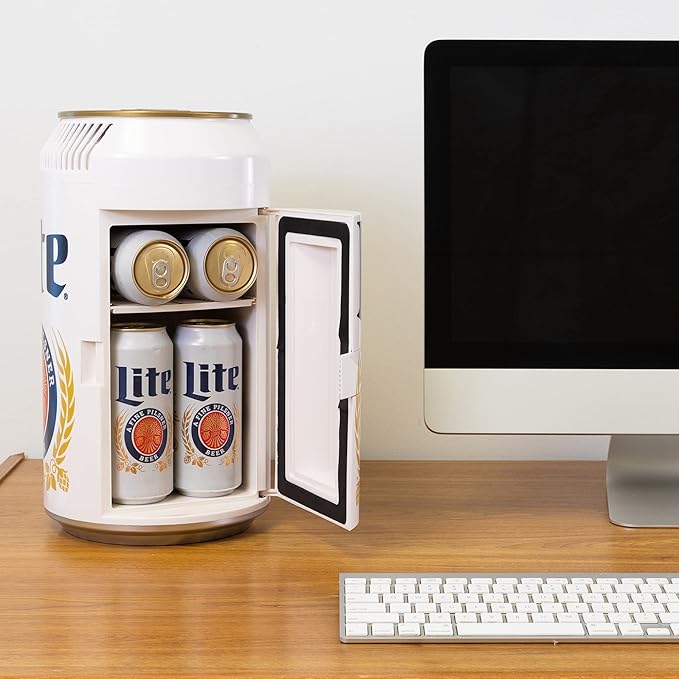 Miller Lite Mini Fridge - Refrigerator for Bedroom Office, Portable Table Top Beverage Cooler, 12V 110V Refrigerador For Drinks, Soda, Wines, Use In Car, Outdoor, Patio, 8 Can