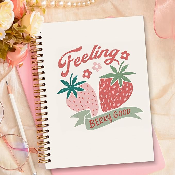JXREQ Trendy Preppy Pink Strawberry Notebook Girly Journal Notebook for Women School Office Supplies, Notebooks for Note Taking Writing, Girly Spiral Notebooks 5.5x8.3