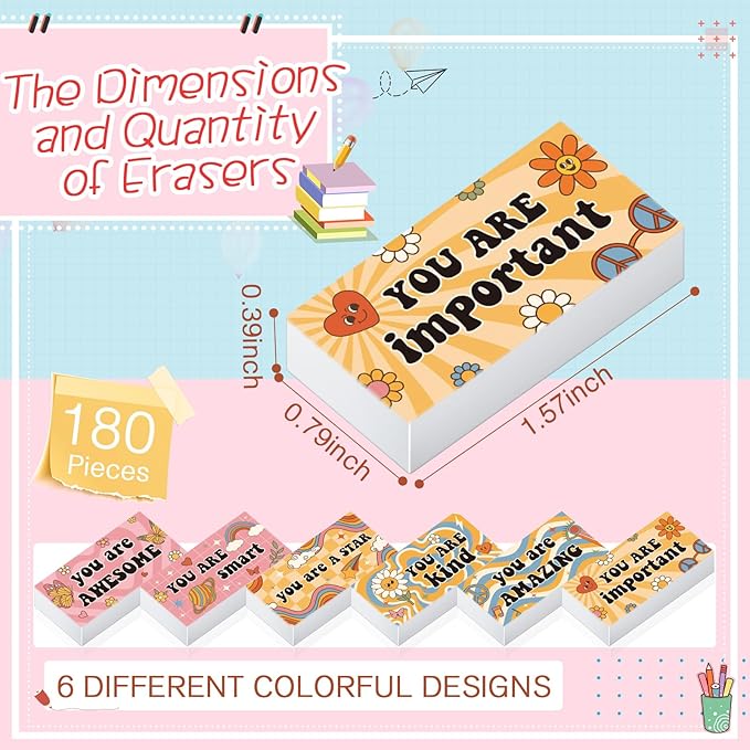 180 Pcs Inspirational Erasers for Kids Christian Pencil Erasers Bulk, Back-to-School Gifts Motivational and Cute Supplies for Students Classrooms, Drawing(Boho,Inspirational)