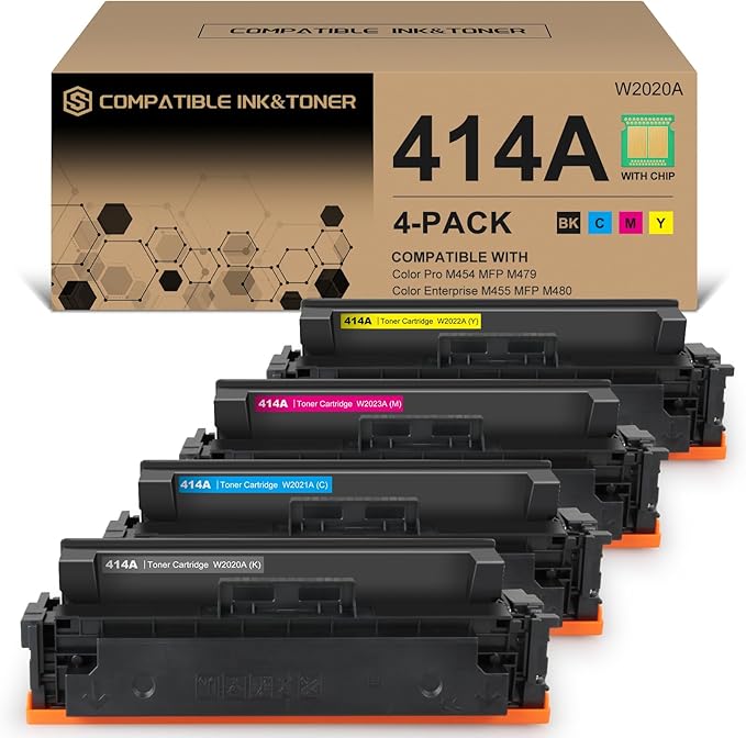 414A Toner Cartridges 4 Pack (with Chip) Works with Color Pro MFP M479fdw M479fdn M454dw M454dn M479dw M455dn M479 M454, Enterprise Laser Jet M455dn M480f Printer | W2020A W2021A W2022A W2023A 414X