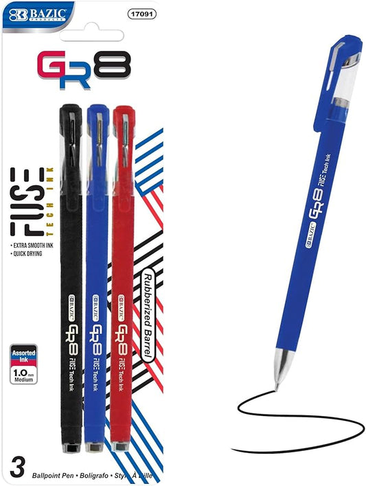 BAZIC Oil Gel Ink Pen, GR8 Assorted Colors w/Rubberized Barrel, 0.7 mm Medium Point Smooth Writing (3/Pack), 144-Packs