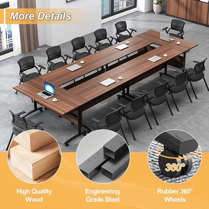 Conference Room Table with Silent Wheels, Mobile Folding Conference Table for 16 Person,Flip Top Office Training Tables with Walnuts Wood Tabletop, for School,Business Meeting Rooms (6 Pack 47in)