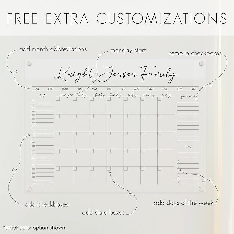 Personalized Clear Acrylic Calendar for Wall, Calendar Whiteboard for Wall, Dry Erase Wall Calendar, Wall Calendar Organizer System for Home (Cursive, Grey, 47.5"W x 36"H)