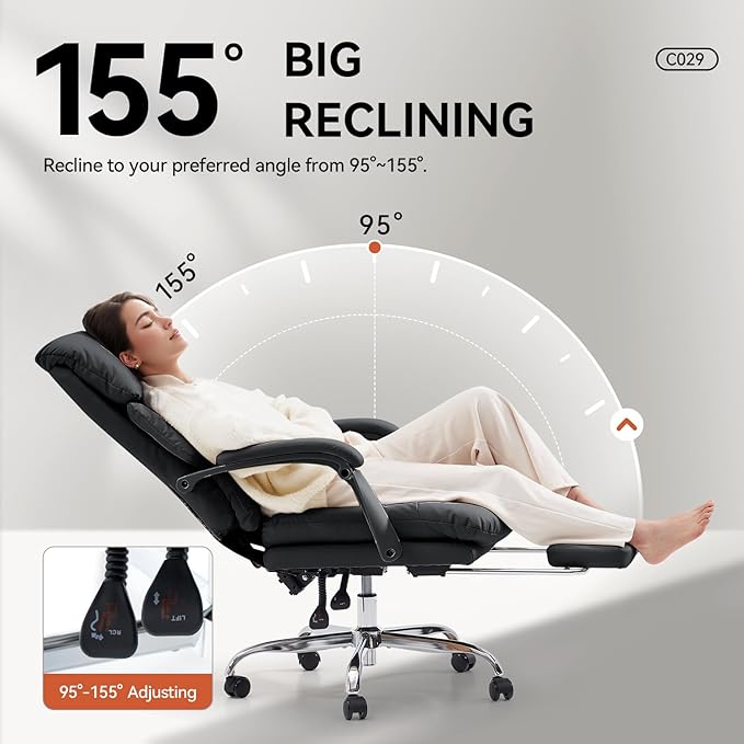 EMIAH Real Leather Office Chair with Foot Rest, Reclining Ergonomic Executive Office Chair with Arms, High Back Comfy Swivel Computer Desk Chairs with Wheels and Lumbar Support for Home Office, Black