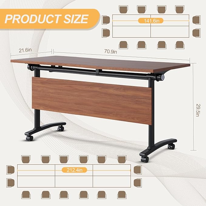 Conference Room Table with Silent Wheels, Mobile Folding Conference Table for 16 Person,Flip Top Office Training Tables with Walnuts Wood Tabletop, for School,Business Meeting Rooms (8Pack 71in)