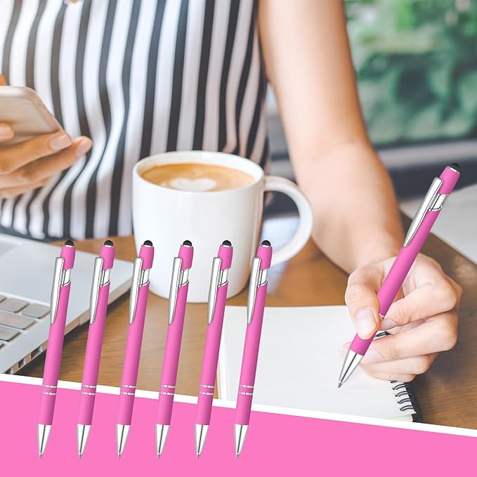 24 Pcs Blue Ink Ballpoint Pen with Stylus Tip 2 in 1 Ballpoint Pen 1.0 mm Blue Ink Metal Stylus Pen for Touch Screens Coworkers, Family, Colleagues, Office (Hot Rose)