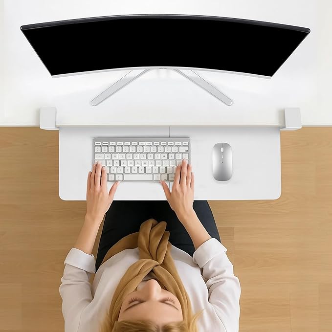 Keyboard Tray Under Desk with Drawer,26.77" X 11.81"Large Size Keyboard Tray with C Clamp-on Mount, Easy to Install, for Home Office (White)