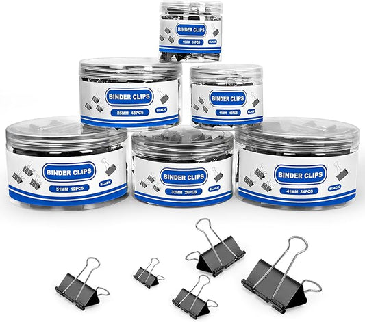 BainGesk 210 PCS Binder Clips Paper Clamps Assorted Sizes, X Large, Large, Medium, Small, Mini and Micro Metal Paper Binder Clips, Black Binding Paperwork Clamp Bulk, Office, School Supplies