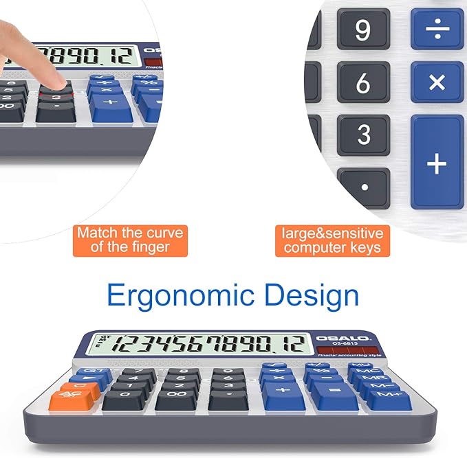 Desktop Calculator Extra Large 5in LCD Display 12-Digit Big Button Giant Accounting Calculator, Battery & Solar Powered, for Office Business & Home(OS-6815)