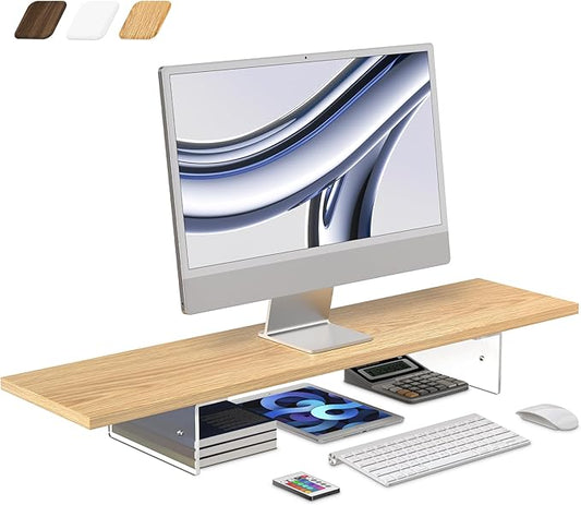 Monitor Stand Riser,Wood & Acrylic Computer Monitor Stand with LED Light,Desk Accessories Desktop Organizer Stand for Computer,Laptop,Printer,PC & TV Screen Riser